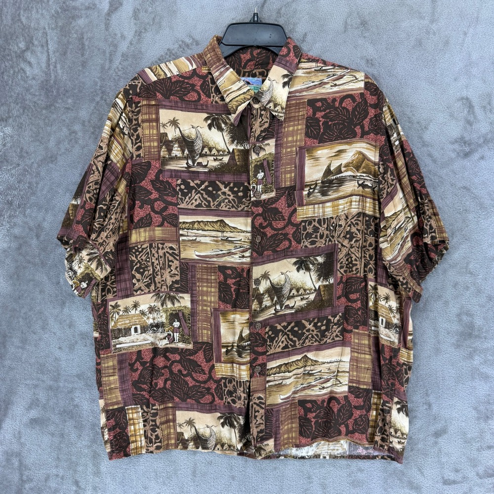 Reyn Spooner Mens Large Hawaiian Shirt Spun Rayon Patchwork Island Scenes Brown